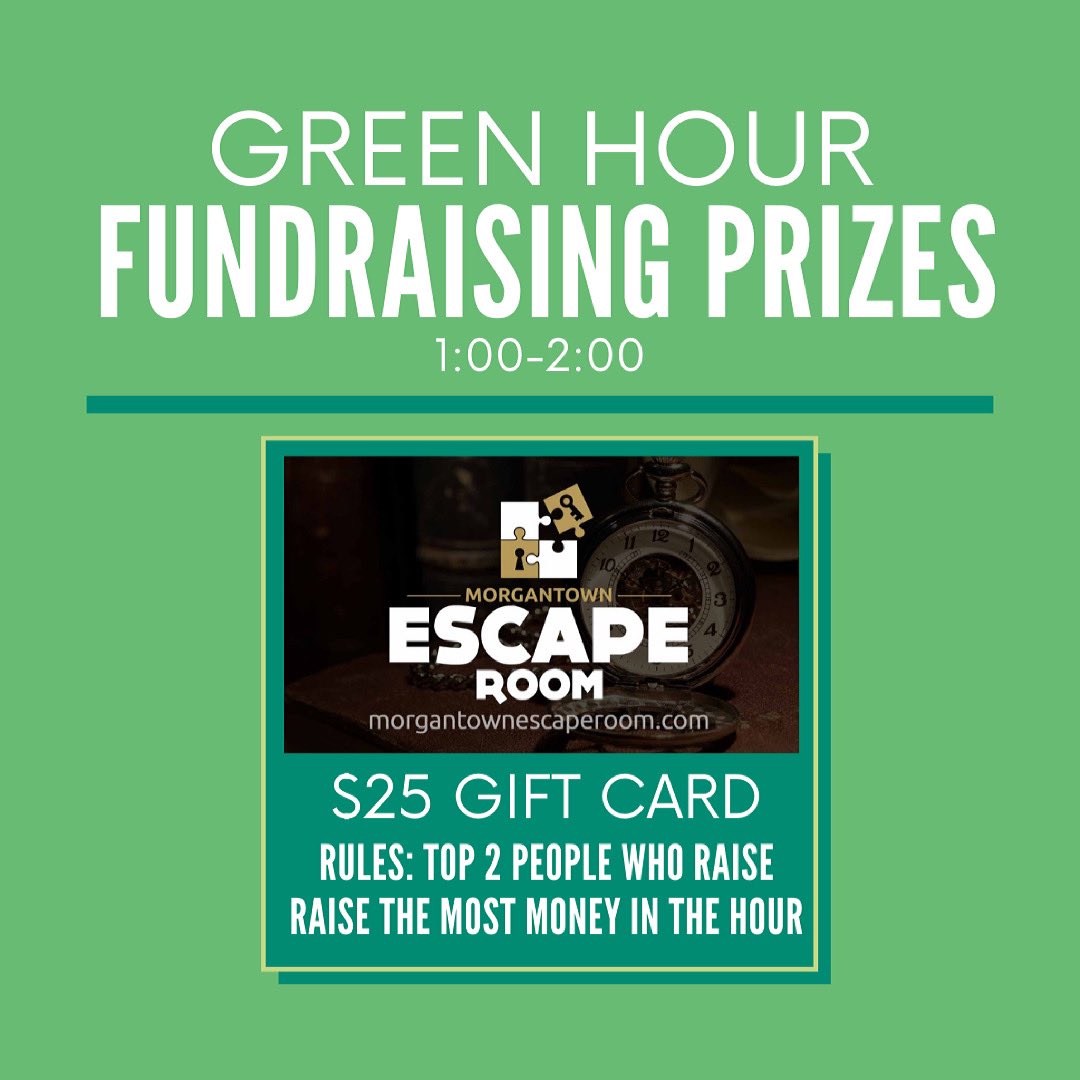 HOUR 4💚
Get ready for our fourth hour-long incentive challenge! 
$25 <a href="/mgntownescape/">MorgantownEscapeRoom</a> Gift Card: Top 2 fundraisers during this hour!