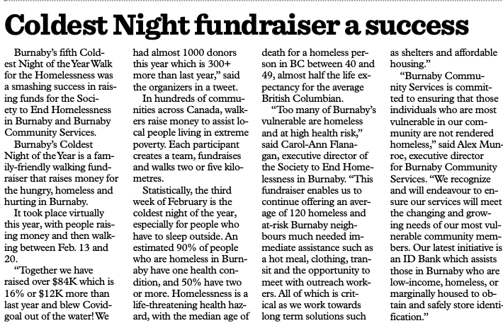 BbyServices's tweet image. If you haven't seen the article already, Coldest Night of the Year was featured in the Burnaby Now on page 40! Take a read at the link attached! 

Article: issuu.com/burnaby-now/do…

#bbyservices #burnabynow #CNOY2021