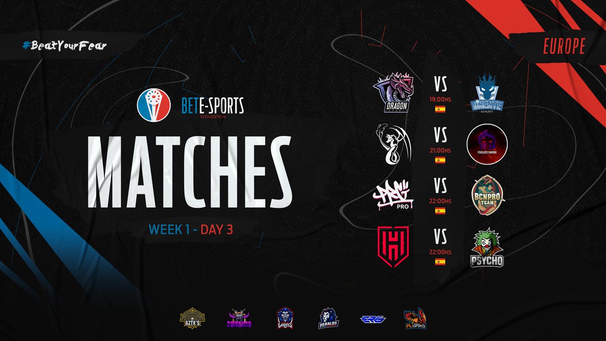 📍Partidos | Europa 🇪🇺 | Jornada 1

⚔️ @dragon_esportt 🇹🇷 🆚 @onente_esports 🇪🇦

⚔️ <a href="/AmaruEsports/">Amaru eSports</a> 🇪🇦 🆚 <a href="/FLG_CR/">Fearless Gaming</a> 🇩🇪

⚔️ <a href="/GamingPsyche/">PRGesports</a> 🇫🇮 🆚 <a href="/BCNProTeam/">BCN Pro Team</a> 🇪🇦

⚔️ @Hard_EsportsGG 🇦🇷 🆚 <a href="/TEAM_PSYCHO_FR/">TEAM PSYCHO ESPORT</a> 🇫🇷

🔹¿Qué equipos lograrán la victoria el día de hoy? ¡Apoyalos! 🔽