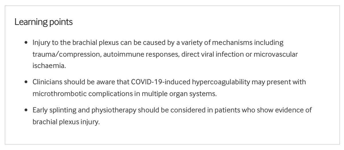 WCMCNeurology's tweet photo. Brachial #plexopathy as a complication of #COVID19
@BMJCaseReports - patient perspective included
Catherine Young Han, Andrew Tarr, @AlexGewirtz, Ulrike Kaunzner, Paula Roy-Burman, Todd Cutler, Daniel MacGowan @WCM_MedChiefs @WCMGIM
https://t.co/fsVWqXkqGQ https://t.co/JUOJAr00Yq