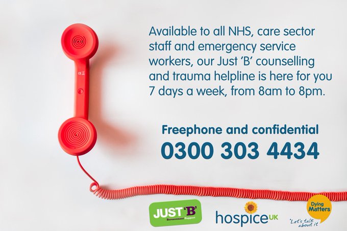 DyingMatters's tweet photo. The @hospiceuk Counselling and Trauma helpline, operated by the Just 'B' team at @mysaintmichaels, is open 7 /7, from 8am to 8pm. It's there for all all #NHS, care sector staff and emergency service workers. Call 0300 303 4434 - it's FREE and confidential @OurFrontlineUK https://t.co/rMISX6ElYZ