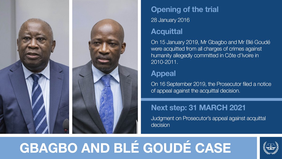 #Gbagbo and #BléGoudé case: The judgment on the Prosecutor's appeal against the acquittal decision will be delivered on 31 March at 15:00 (CEST).
🎥 Watch it live on the #ICC website or Facebook
📖  More info ➡️ bit.ly/3lPc2Mh