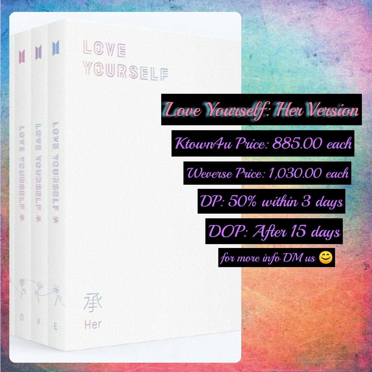 seoulphMG's tweet photo. 💜💜Help RT💜💜
✨Love Yourself: Her Version
💯 Sealed and counted on Charts
Price and Payment Info are at the Photo
MOD: LBC and LALAMOVE
MOP: Security Bank, Unionbank and Gcash
PM for More infoo 🤗
#BTSMERCH #BTS #SealedItems #OfficialMerch https://t.co/YE3ujZbB8a