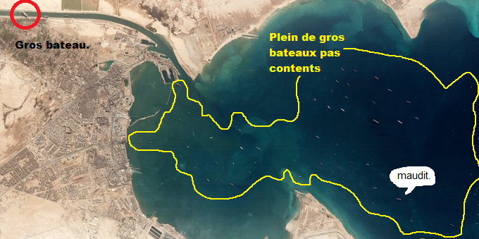 JusteKiwii's tweet photo. À l'immense porte-conteneurs qui bloque l'accès à près de 200 autres navires de marchandises voulant traverser le Canal de Suez: Si vous transportez ma commande de t-shirts, juste me tagger, j'arrive avec mes Traction Aids.

#SuezBlocked #Evergreen #EVERGIVEN #FailFish https://t.co/aPe7nPeBju