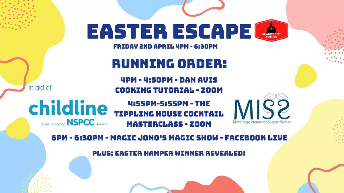 Next up, Granite City Events' programme for their Easter Escape event😍
Varied Ticket options available. 
Get your ticket now to support our charities👇
www4.rgu.ac.uk/abs/events/pag…

#Escape2ASF #family