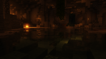An underwater spring lit up with various lanterns