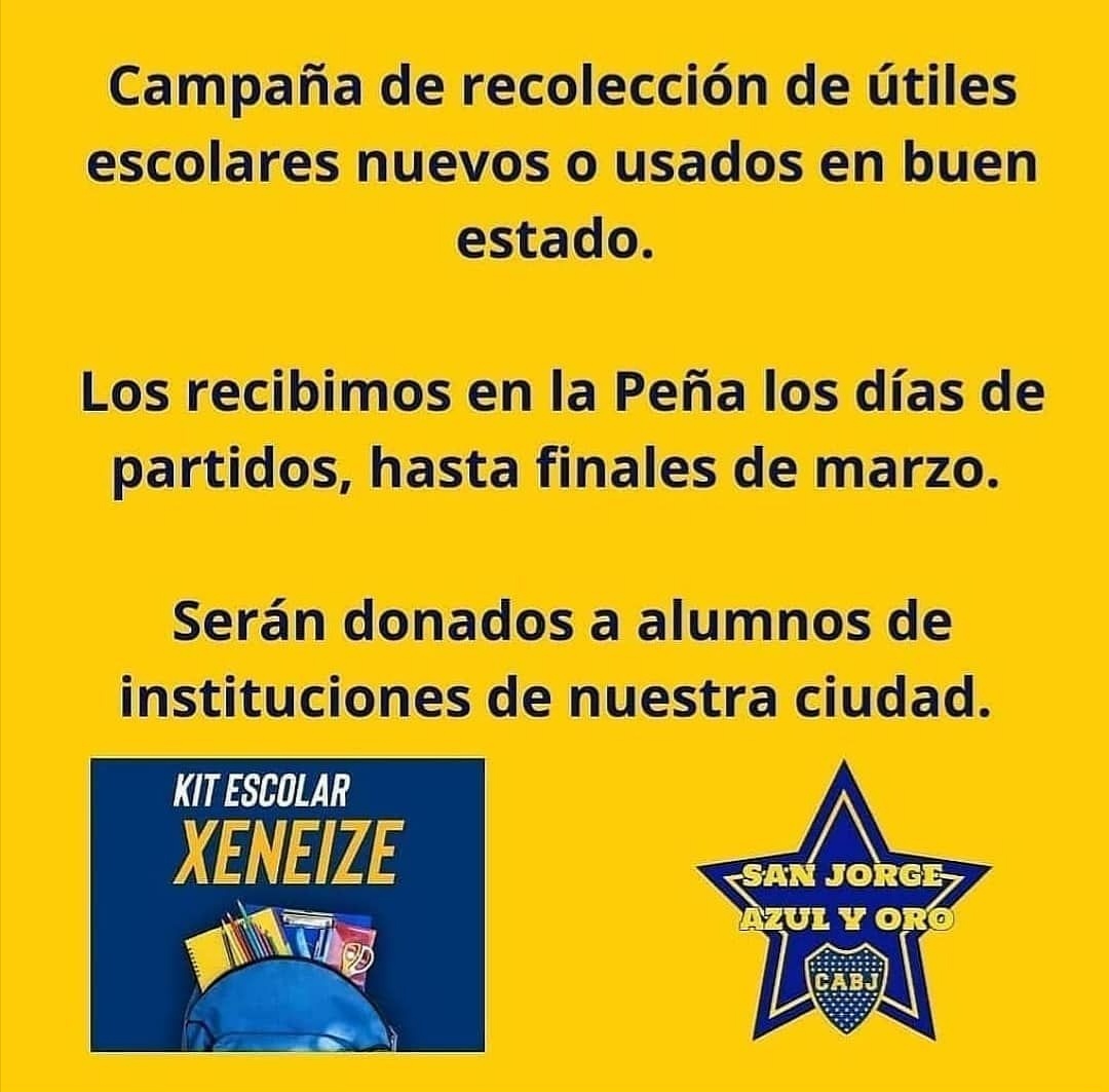 SJorgeAzulYOro's tweet photo. Último día, mañana‼️Campaña de recolección de guardapolvos, mochilas y útiles escolares 💙💛💙
. 
Durante todo el mes de Marzo lo vamos a estar recibiendo en la Peña los días de partido o también nos pueden avisar y lo buscamos personalmente. Se pueden comunicar 📲3406 402272. https://t.co/w7Rfg1KNov