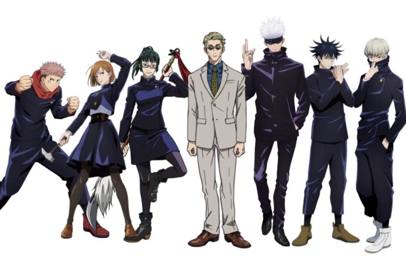 simpingforgojo's tweet photo. It still sending me how everyone in these official arts is posing while Nanami is just standing there like 🧍‍♂️ https://t.co/trXOBLxITT