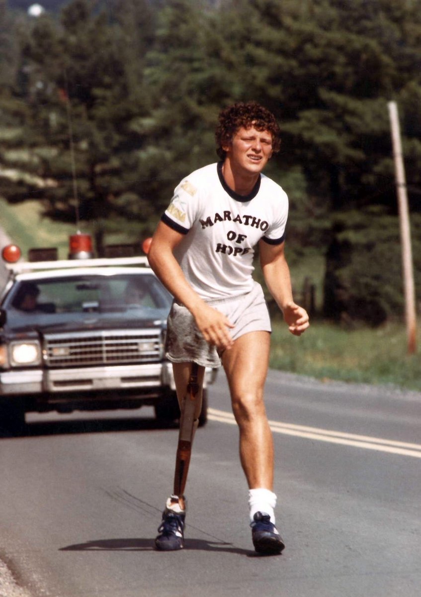 historyandfacts's tweet photo. Terry Fox, a 21 year old Canadian who lost a leg to cancer, began a cross-Canada run to raise money for cancer research. He ran the equivalent of a full marathon a day. He made it 143 days and 5,373 km before the spread of his cancer forced him to quit. He died June 1981. https://t.co/e6VYgOOPi9