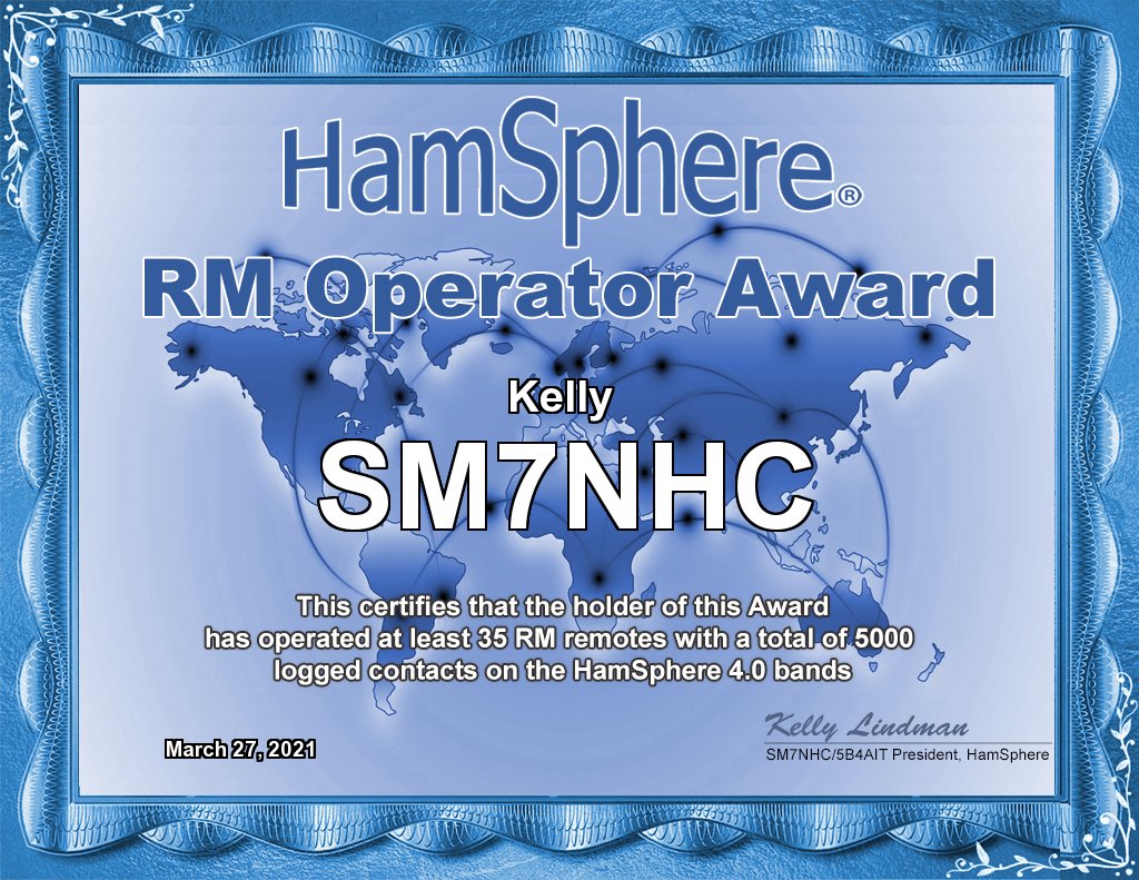 HamSphere's tweet photo. Today we present a brand new award called the "RM Operator Award". This award is worth 10000 points and requires the operation of at least 35 RM stations with a total of 5000 logged contacts.
Your can find our Remote Stations (RM) at: https://t.co/TeAH8hzk25 https://t.co/GniFDfJcYo
