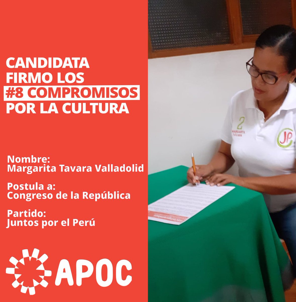 apocperu's tweet photo. #8compromisos #Piura — Margarita Tavara Valladolid candidata al congreso por el partido Juntos por el Perú, asumió los #8Compromisos para transformar las políticas y gobernanza de la cultura en Perú.
Infórmate sobre la iniciativa https://t.co/L2vC2rhOPo https://t.co/dpDOEHWRCZ