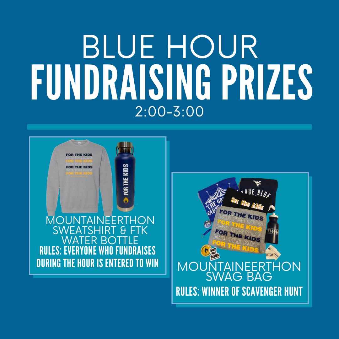 HOUR 5💙
Get ready for our fifth hour-long incentive challenge! 
MountaineerTHON Sweatshirt and FTK Water Bottle: Entered to win if you fundraise during the hour!
MountaineerTHON Swag Bag: Winner of the Scavenger Hunt!