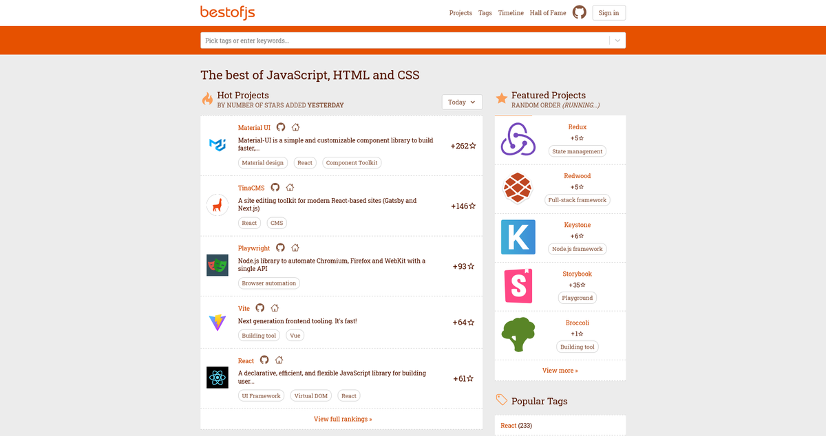 ravinwashere's tweet image. I found this cool website called "Best of JavaScript"
Best of JavaScript is a curated list of more than 1500 open-source projects related to web platform and Node.js.
I use it regularly to follow the latest JS trends.
Link - bestofjs.org