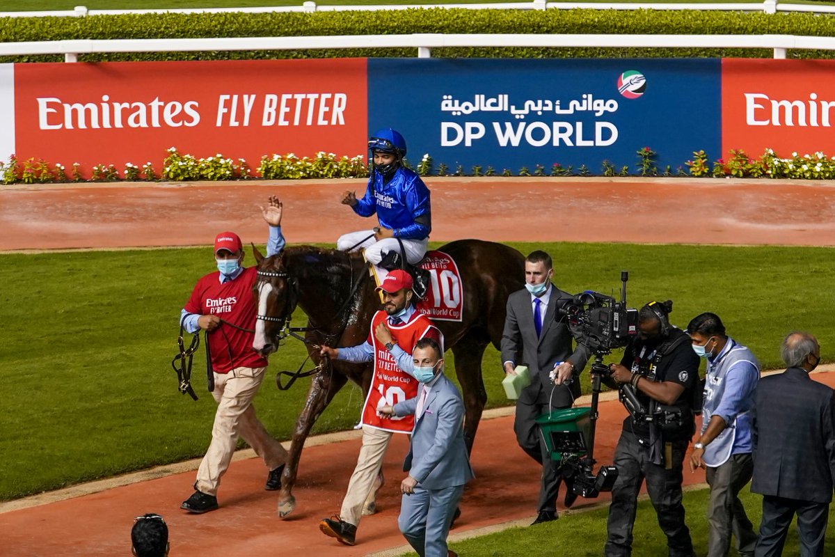 DubaiWorldCup's tweet photo. Hilary Pridhan, @Stidhamracing and @luissaezpty  accept the trophies for the #DubaiWorldCup Sponsored By @emirates , from H.E Sheikh Rashid bin Dalmook bin Juma Al Maktoum, Chairman Dubai Racing Club at the 25th Dubai World Cup on March 27, 2021. #MeydanRacing https://t.co/bPjZQ1L9H0