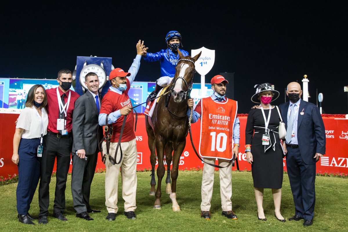 Hilary Pridhan, @Stidhamracing and @luissaezpty accept the trophies for the #DubaiWorldCup Sponsored By @emirates , from H.E Sheikh Rashid bin Dalmook bin Juma Al Maktoum, Chairman Dubai Racing Club at the 25th Dubai World Cup on March 27, 2021. #MeydanRacing