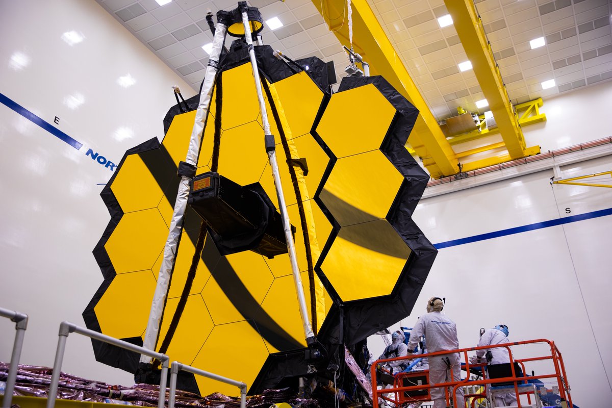 The primary mirror of the James Webb Space Telescope is shown here following full mirror deployment testing in 2020.