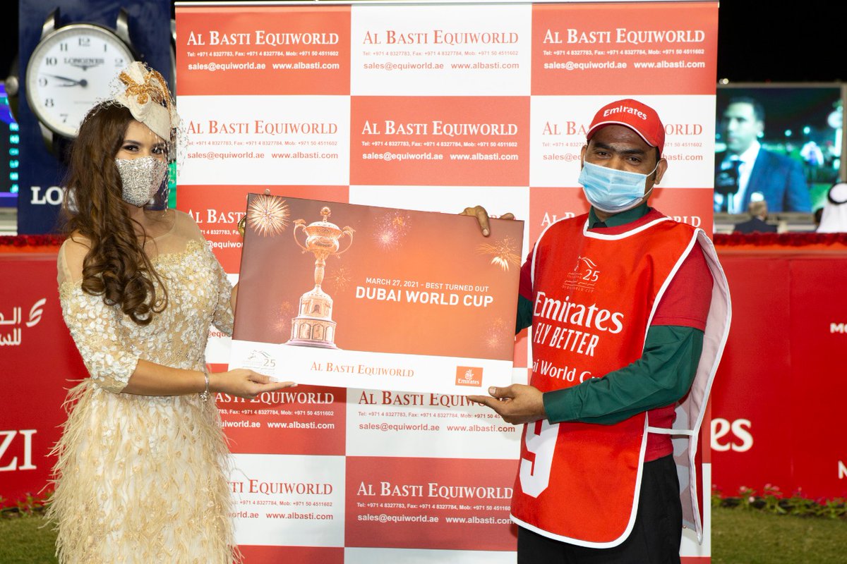 DubaiWorldCup's tweet photo. Congratulations to Military Law who won Best Turned Out (sponsored by Al Basti Equiworld) for the ninth and final race of the #DubaiWorldCup ✨, the $12M Dubai World Cup, sponsored by @emirates .
#MeydanRacing https://t.co/wNQg8VeE2e