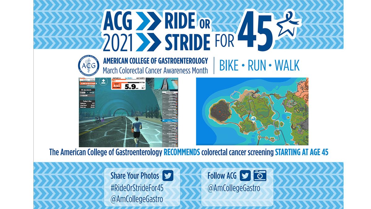 gmlam's tweet photo. Ran my Virtual 5K to support ACG's Screening Awareness Campaign. New guidelines recommend colon cancer screening for average risk individuals starting at age 45. @AmCollegeGastro #RideOrStride45 #Ridefor45 #Stridefor45 #ColorectalCancerAwarenessMonth @GoZwift @GoneforaRUNcom . https://t.co/jSA5gWaSRg
