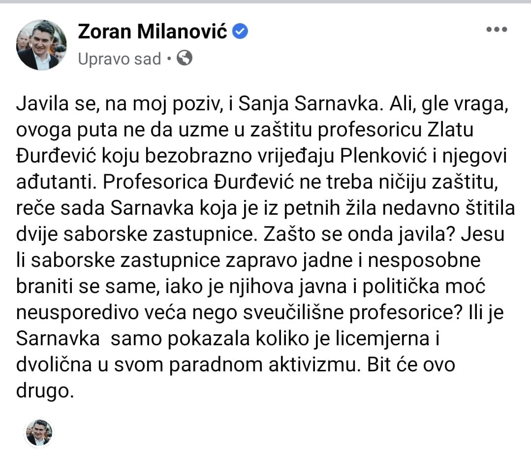 NikolaJeli2's tweet photo. Predsjednik Milanović: Javila se, na moj poziv, i S.Sarnavka. Ali, ovoga puta ne da uzme u zaštitu prof.Zlatu Đurđević koju bezobrazno vrijeđaju Plenković i njegovi ađutanti. Prof. Đurđević ne treba ničiju zaštitu, reče Sarnavka...licemjerna i dvolična u svom paradnom aktivizmu. https://t.co/DJ0XPn5U5U