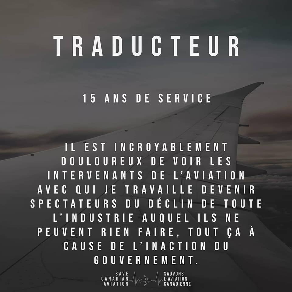 AviationCan's tweet photo. L'aviation compte plus que des pilotes et des agents de bord. Le témoignage du jour provient d'un traducteur totalisant plus de 15 ans d'ancienneté dans l'industrie de l'aviation. #saveCanadianAviation https://t.co/42vLSDC9f2