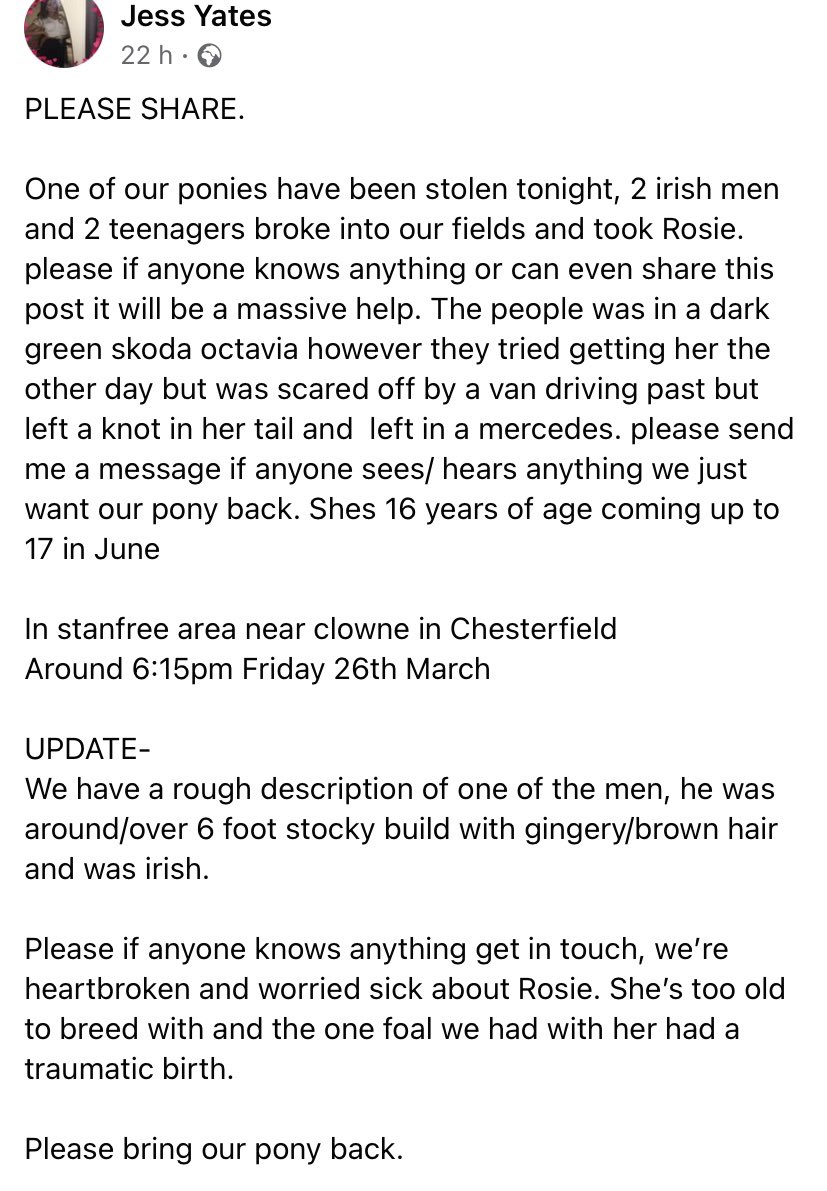 #PONY TAKEN by 2 #Irishmen in DARK GREEN #SkodaOctavia she’s 16 yrs old & family are distraught #Stanfree area near #Clowne in #Chesterfield 6.15pm 26/3/21 One man 6’ ish stocky/gingery-brown hair 🆘 facebook.com/1660765824/pos… @bs2510 @horserescuer777 @horsereins1 @pettheftaware