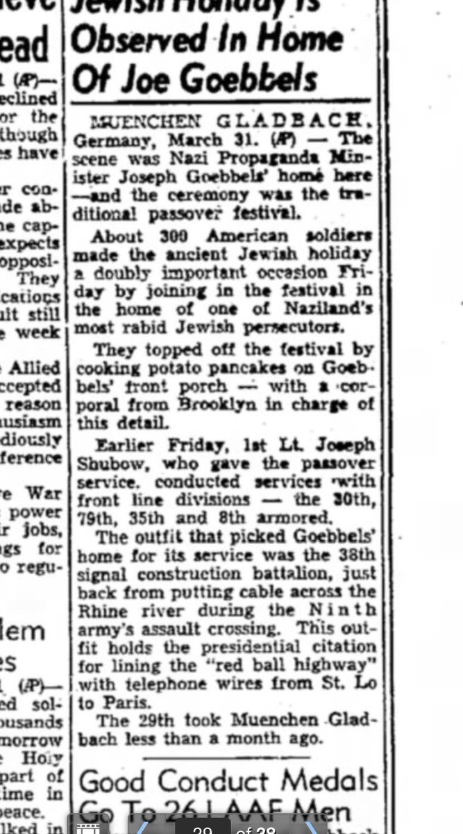 As Allies liberate Germany, three hundred American soldiers celebrate Passover at confiscated house of Joseph Goebbels, this week 1945: