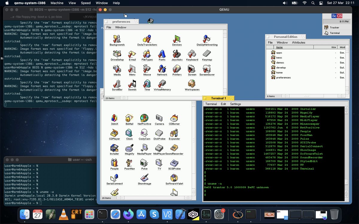 astr0baby's tweet photo. BeOS 5 running under qemu-system-i386 on the Apple M1 MacBook Air  
- need to spend some time with BeOS - never worked on this system before - but the first impressions are good - really clean and polished look so far https://t.co/22JvbvXWOl