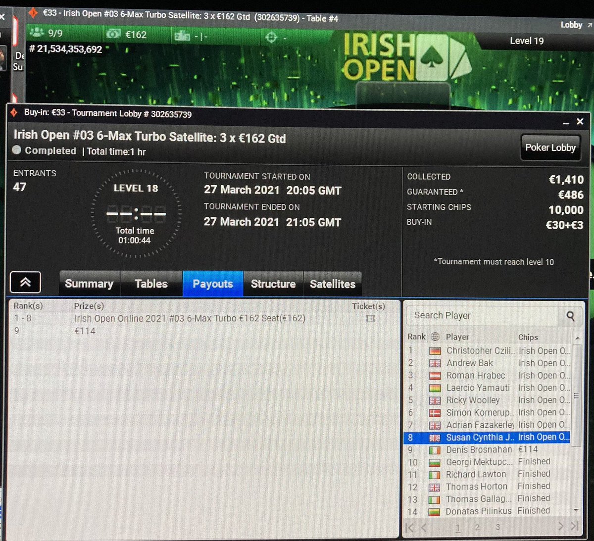 Suzie_Poker's tweet photo. Irish Open #03 6-Max Turbo 🇮🇪💚 Let’s do this! 🎟🍀🤞🙌👩🏻‍💻 #PartyPoker #IrishOpen #Poker #SattyQueen #FreeRoller https://t.co/noJPq6KWGn