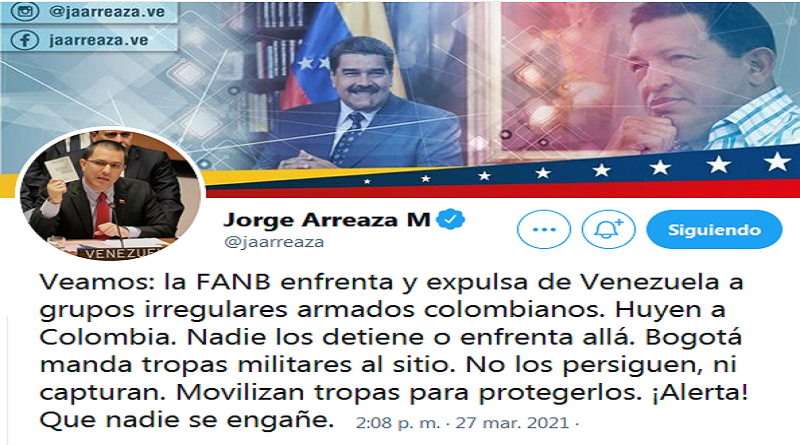 PartidoPSUV's tweet photo. Canciller Arreaza alerta: Bogotá moviliza tropas para proteger a grupos irregulares armados colombianos que atacan a Venezuela https://t.co/BDnRtw0SkX #PrevenirEsLaClave https://t.co/Wk4k64Xuqk
