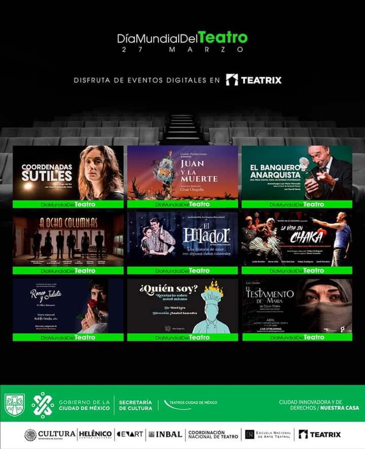 Hoy es el #DiaMundialDelTeatro 🎭

Pueden celebrar con éstas obras vía streaming, completamente gratis!

Solo tienen que registrarse acá para obtener los códigos:

teatrix.dixketl.com/registro.php

Y tener una cuenta en @teatrixmx 😎

Las pueden ver en cualquier dispositivo ✨