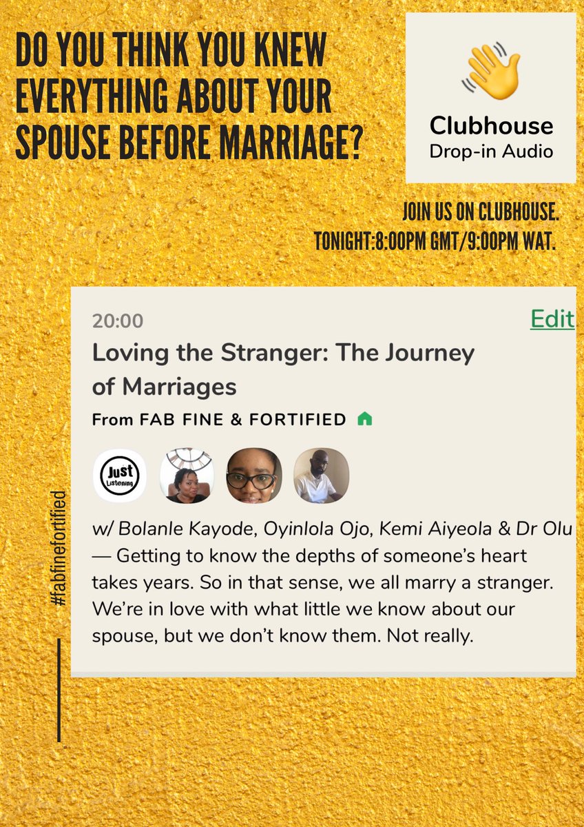 fabfine4tified's tweet photo. Join us tonight on @joinClubhouse at 8pm GMT! Let’s discuss Loving the Stranger. Loving what you know and not necessarily everything there is to know and how every couple starts as strangers in some way. https://t.co/oTZcrT34CC