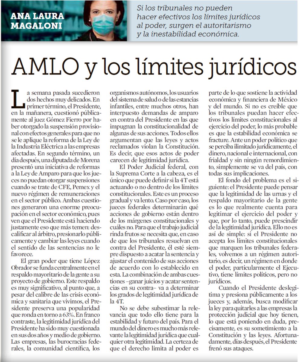 Lectura obligada
"Si el Presidente no acepta los límites constitucionales que marquen los tribunales federales, volvemos a un régimen autoritario, un régimen en donde el poder tiene límites políticos, pero no jurídicos." <a href="/magalonik/">Ana Laura Magaloni K</a>