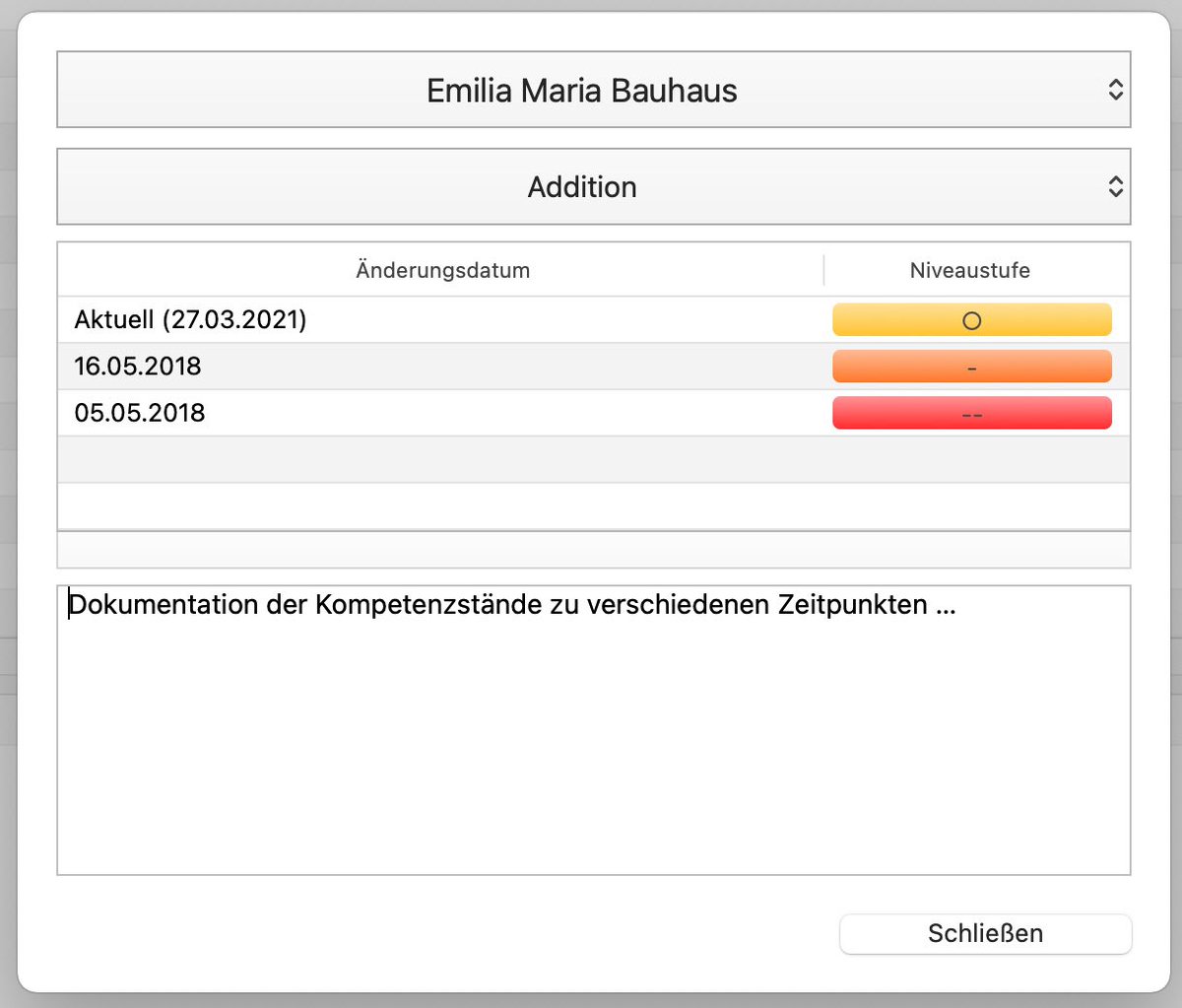 Heute endlich die Zeit und Lust gehabt, mit einem oft geäußerten Feature-Wunsch zu beginnen: Dokumentation der Leistungsentwicklung (über die Zeit) bei den Lernständen. Ein erster Screenshot von MacOS 😊.