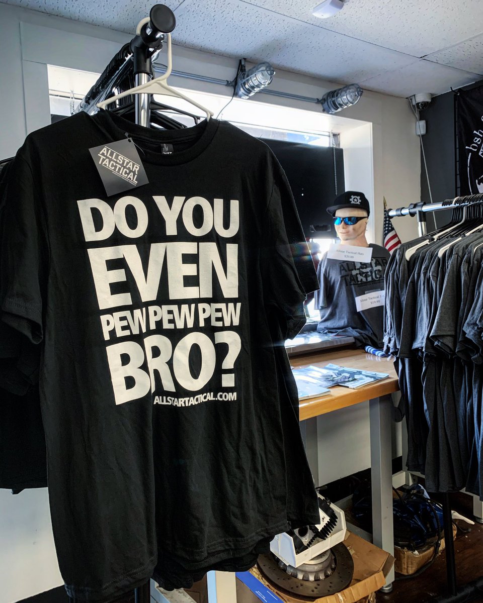 AllstarTactical's tweet photo. Our Do You Even Pew Pew Pew Bro shirts are FINALLY back in stock!! Just updated the website with the stock and they’re ready to go! Available in our retail stores as well. #doyouevenpewpewpewbro #apparel #atschwag #supportyourlocalgunshop #teamallstar 

https://t.co/1ZpeQsrRPq https://t.co/kEFyJ1Yo2B