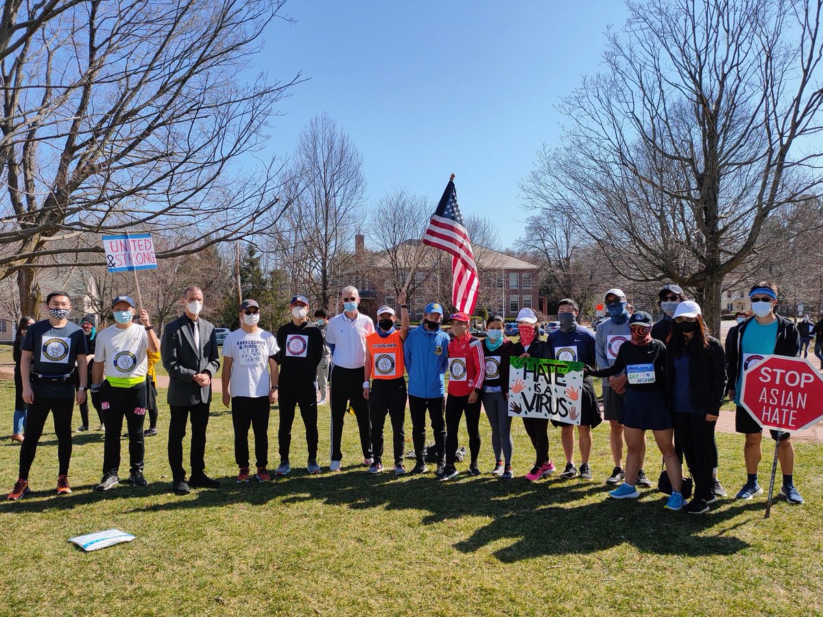 Pleased to join Asian American runners at the Boston Marathon starting line for a rally and run against Asian hate and for human respect among all people—wearing a shirt from 2019 Lanzhou, China International Marathon, where goodwill and respect for all predominated.