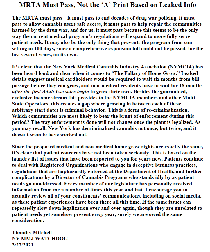 mmj_ny's tweet image. My statement on the urgency to pass an MRTA that does NOT include what recent leaks seem to indicate. Getting it right is more important than trying to rush it through during budget week #marijuanajustice #justice4nymmj