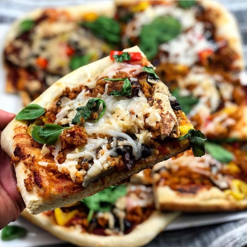 VEGAN 3 CHEESE MEAT LOVA'S PIZZA from <a href="/hookedonplants/">Hooked On Plants</a> ! 

Using our cauliflower ground, <a href="/gardein/">Gardein. Meatless FTW. 🌱💪</a> chick'n strips, oyster mushrooms, peppers, banana peppers, olives, spinach, and whatever else your heart desires!

This is fully loaded to say the least!

EAT THE RAINBOW!