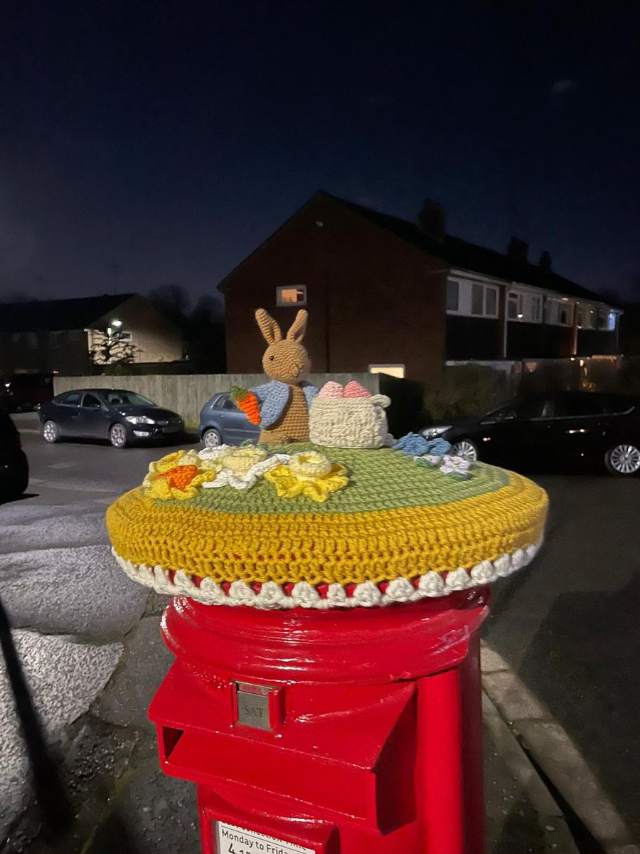 abbiebkk's tweet photo. @ruislipcrafts I’m so proud of my sister Rebecca for her #postboxtopper in Ruislip. The post lady was very happy to see Peter Rabbit tucking in to his Easter eggs and I’m pleased to report that he survived the night. It’s such a fantastic idea. QR code on way so people can donate https://t.co/Iml82UqNs9