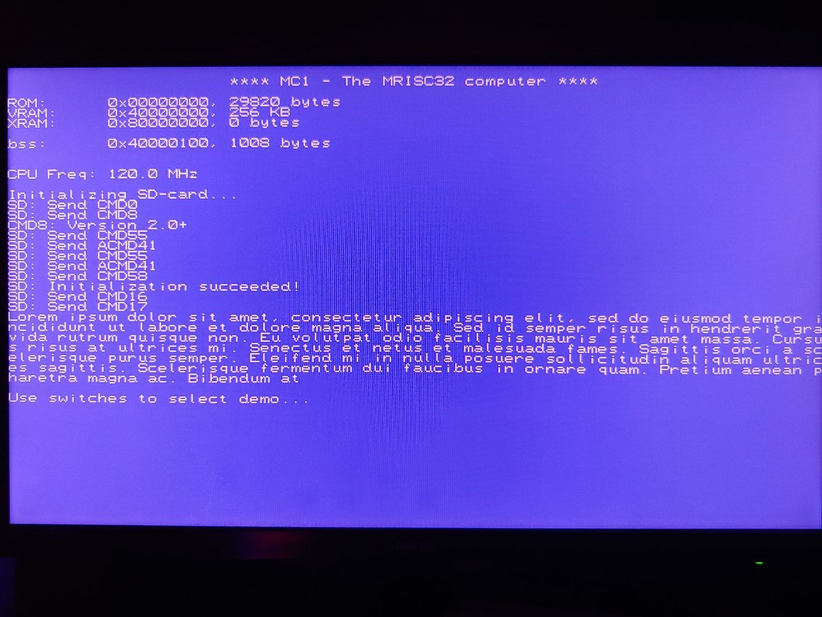 m_bitsnbites's tweet image. Success! The MC1 computer can now read from an SD card (first block of the card contains Lorem ipsum as ASCII).
#MRISC32 #FPGA