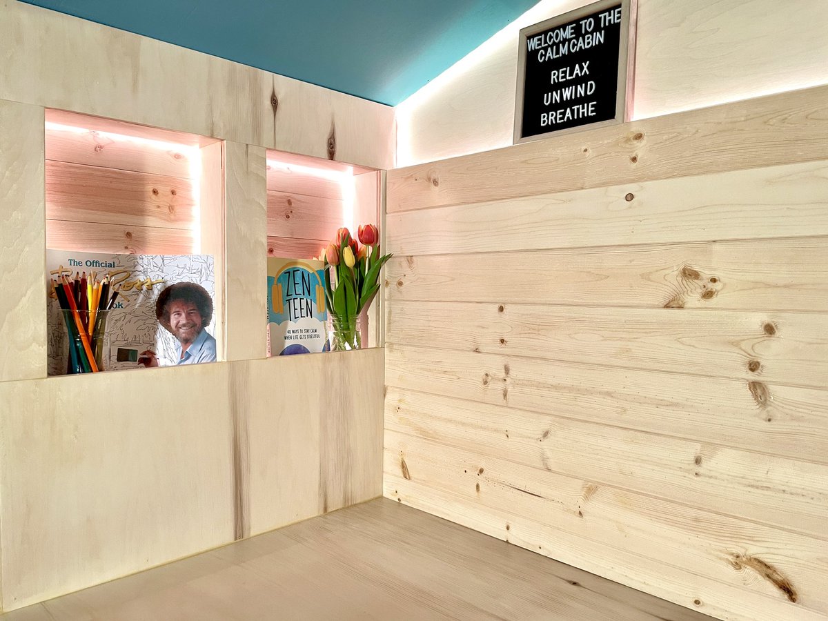 makegoodinhood's tweet photo. A few finishing touches! Is it a CalmCabin without a little Bob Ross?! #calmcabin #makegood #clarkestudio #youthmentalhealth #mindfulness #design #rvsed @bandedpeakrvs https://t.co/BvCAfXG9Nj
