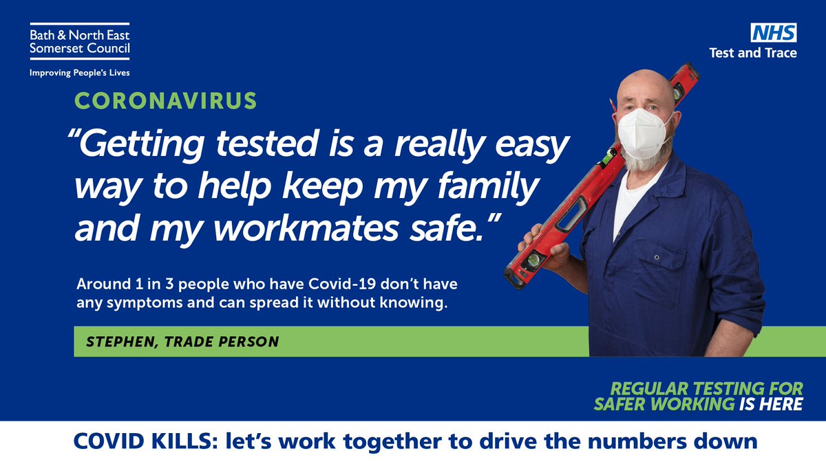 😷 If you must leave home to work, you can book a rapid Covid-19 test at one of three sites in Bath and North East Somerset:

✔️The Apex Hotel in Bath
✔️The Masonic Hall in Keynsham
✔️The Centurion Hotel in Midsomer Norton

📱Book your regular test now: bathnes.gov.uk/rapidtest