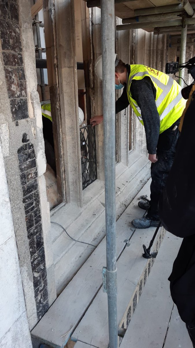 cct_conserve's tweet photo. As the deadline for completing HSF projects nears we @TheCCT want to say a huge thanks to all the consultants, contractors and conservators working long days and weekends to finish the work - windows are going back at Bungay, Suffolk, stained glass repaired at Langport, Somerset https://t.co/wK9IgVy57d