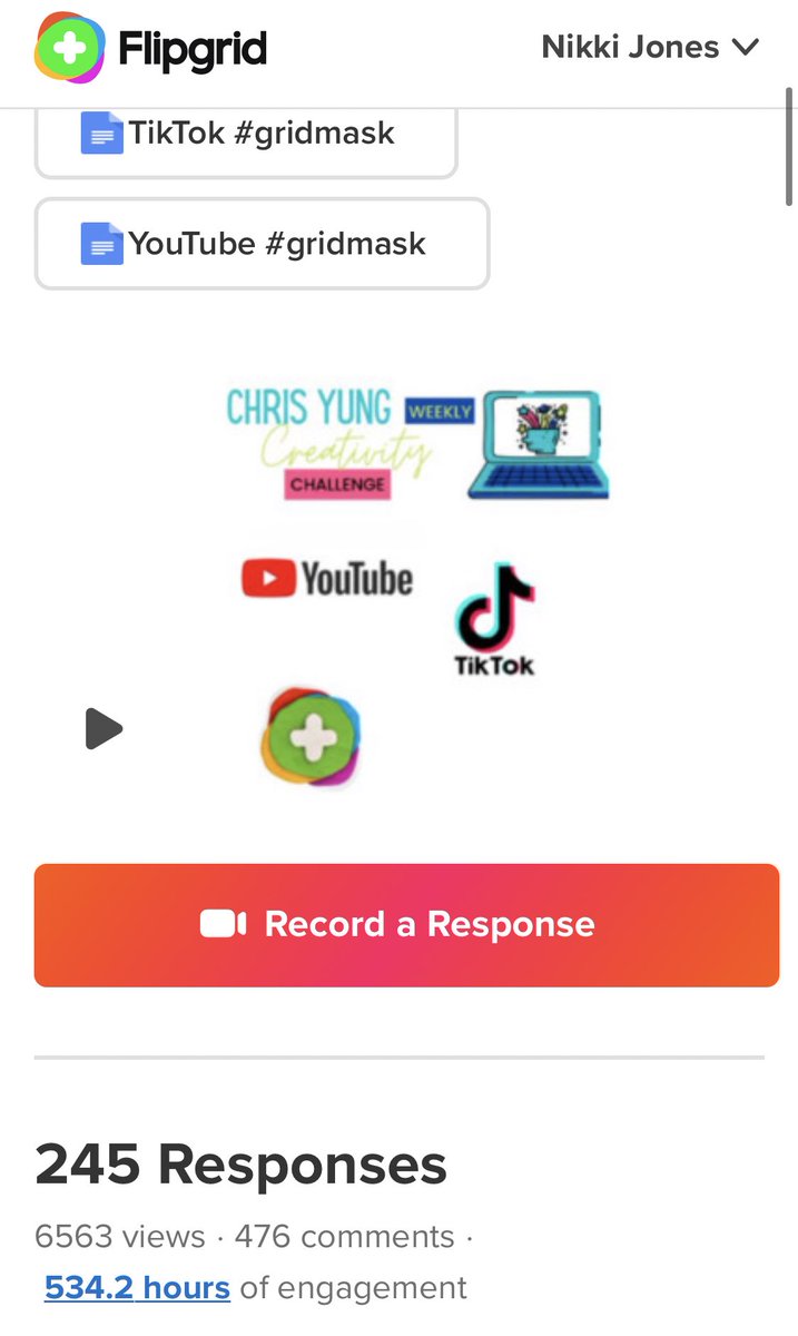 mrsjones72812's tweet photo. Shocked!!! I had a short work week so I didnโt check our @Flipgrid #creativitychallenge until just now! With @JoeMarquez70 #gridmasks Ss at @ChrisYungES became Tiktokers and Youtubers and made 245 videos last week! @PWCSNews @CYESSTEAM #FlipgridForAll https://t.co/DcdEmjEVnm