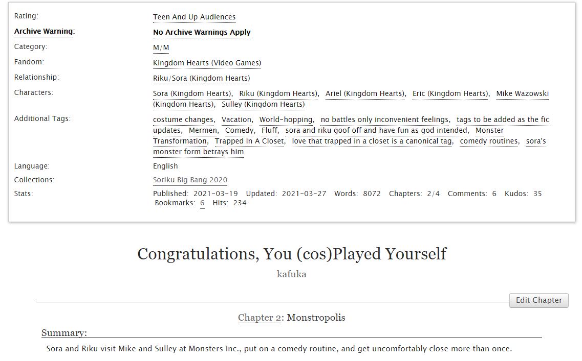 mizunotic's tweet photo. Chapter two of my @sorikubigbang fic is up! This time the boys visit Monsters Inc., get very close (numerous times), and perform an adequate comedy routine. #soriku #srbb #srbb2020 #sorikubigbang https://t.co/u4IOAxANbR https://t.co/G6ig0KvZef