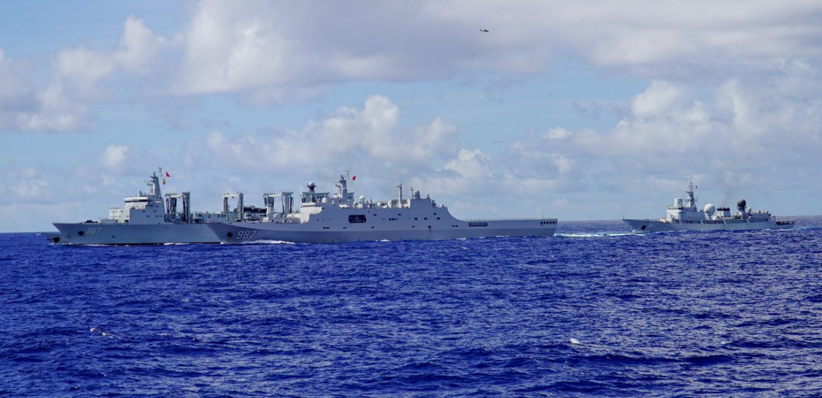 High-res image of 175 Task Group noted at the beginning of this thread. Ships involved are (left to right):Type 052D DDG Yinchuan (175)Type 901 AOE Chaganhu (967)Type 075 LPD Wuzhishan (987)Type 815A AGER (ELINT) Tianshuxing (855)Not pictured is Type 054A FFG Hengyang (568)