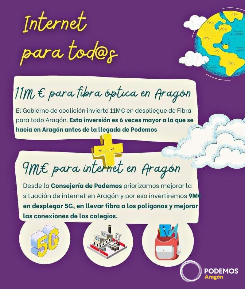 PodemosAragon's tweet photo. Tras meses de trabajo y negociaciones, lo conseguimos💪💜
Inversión de 9 millones de € para acelerar la llegada de #internetdecalidad al medio rural aragonés. Estos fondos autonómicos se suman a los 11 millones que va a aportar el Gobierno de España para este año. https://t.co/7IKa2VPi7v