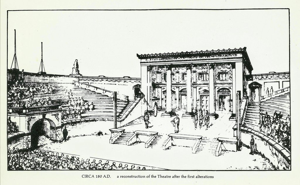Roman_Britain's tweet photo. A late entry for #WorldTheatreDay, a reconstruction sketch of how the #Roman theatre at Verulamium, #StAbans, may have looked towards the end of the 2nd Century AD. #RomanBritain #Archaeology #RomanArchaeology https://t.co/HbX1XbNdeI