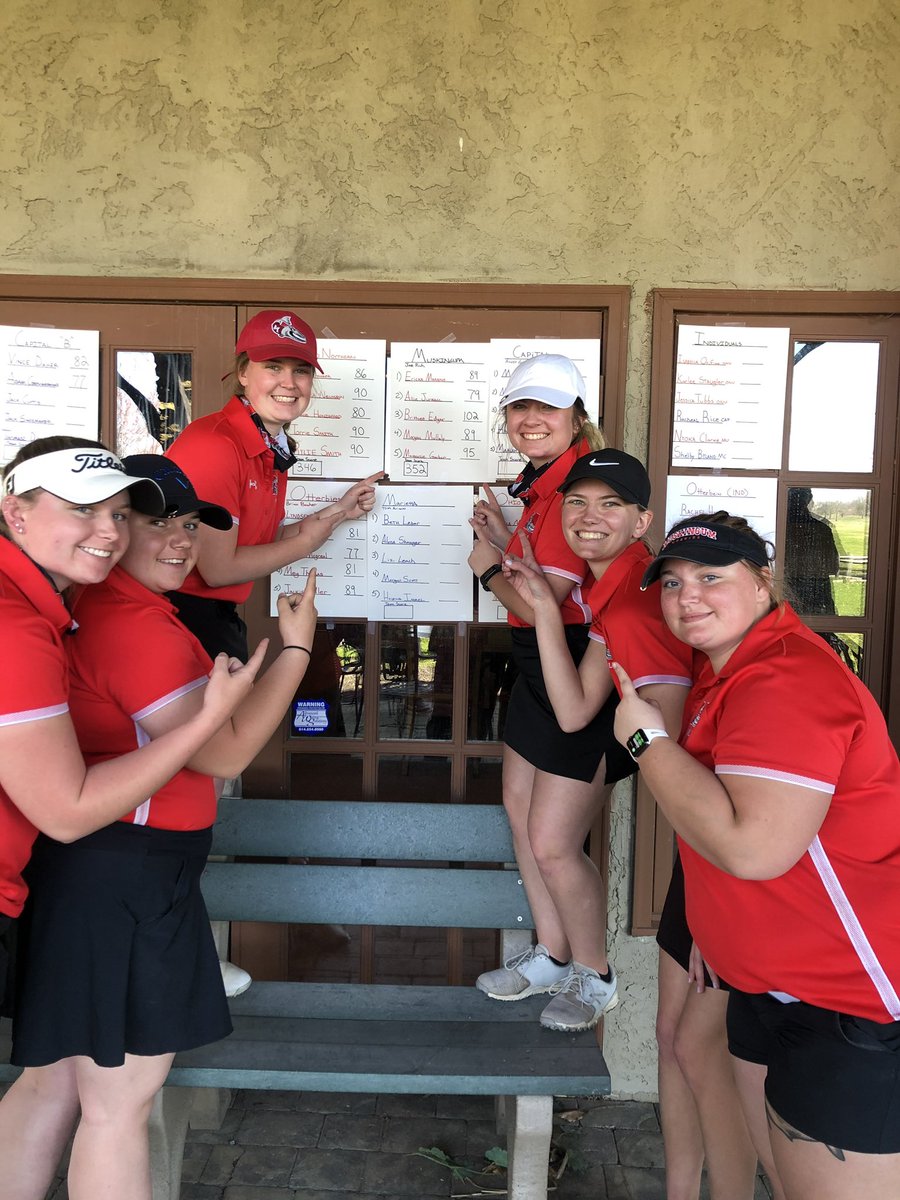 FightingMuskies's tweet photo. Congratulations to the @MuskingumGolf women’s team on shooting a school record 352 today at Royal American G.C. Allison Jurkovic led the team with a 79 - which is the 2nd lowest score for 18 holes in school history. ⛳️@OHAthleticConf @brandonhannahs @WHIZscores @Orbit907Sports https://t.co/ooxjjzuoca