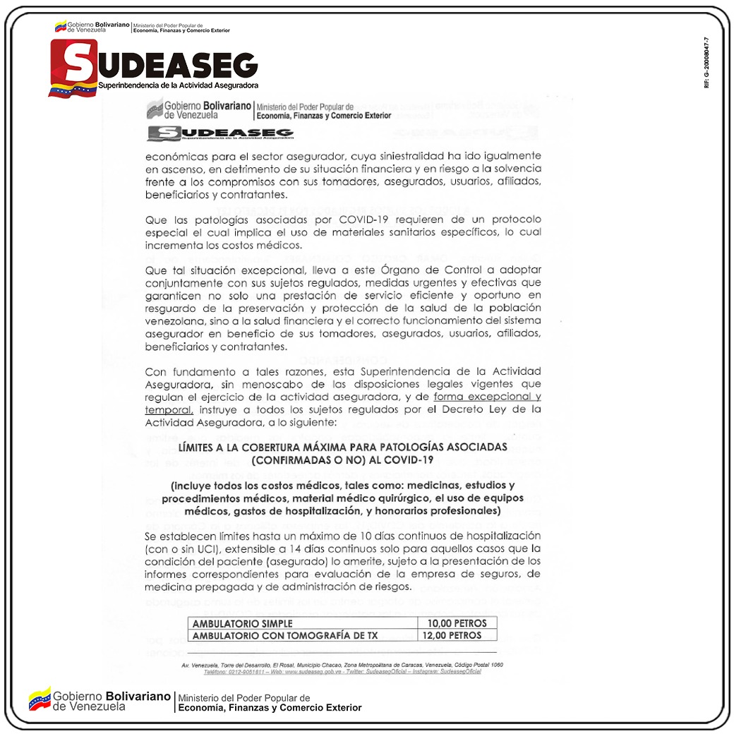 vicentedelavega's tweet photo. Decisión de la Superintendencia de Seguros de Venezuela que sublimita las coberturas para COVID19, léala y consulte a su corredor, esto afecta seriamente la capacidad de atención y pago para estos casos aún teniendo una buena póliza de seguro de salud. https://t.co/m2R1PEYSQJ