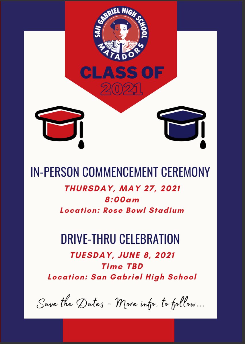 alhambrausd's tweet photo. Attention @alhambrausd seniors‼️IN-PERSON COMMENCEMENT CEREMONIES for Class of 2021 
🎓🎉🥳🥁‼️

Comprehensive high schools #AHS #MKHS #SGHS will be @RoseBowlStadium 🌹in Pasadena‼️

#IndependenceHigh will hold their ceremony @ San Gabriel High School's Stadium‼️ https://t.co/MzEH0ZqnD7
